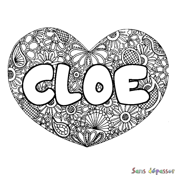 Coloriage prénom CLOE - d&eacute;cor Mandala coeur