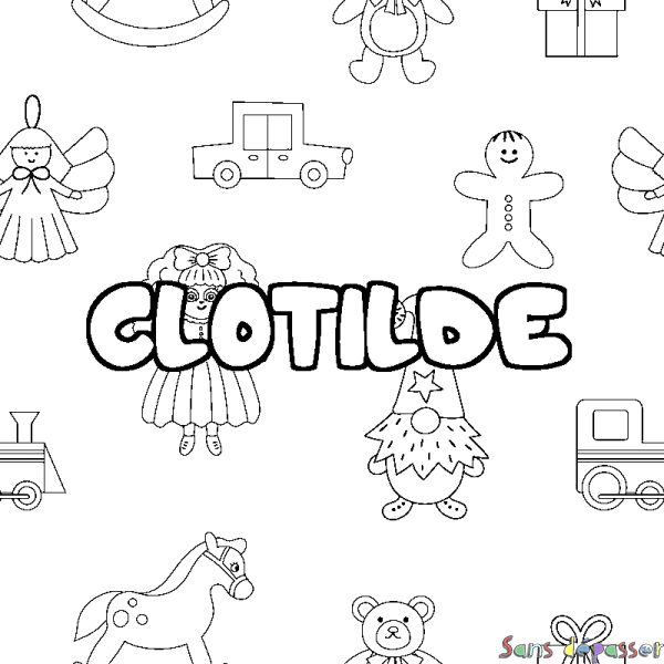 Coloriage pr&eacute;nom CLOTILDE - d&eacute;cor Jouets