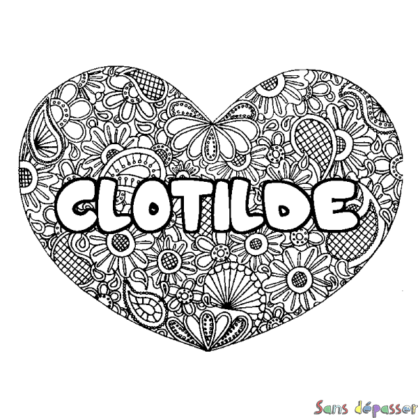 Coloriage pr&eacute;nom CLOTILDE - d&eacute;cor Mandala coeur