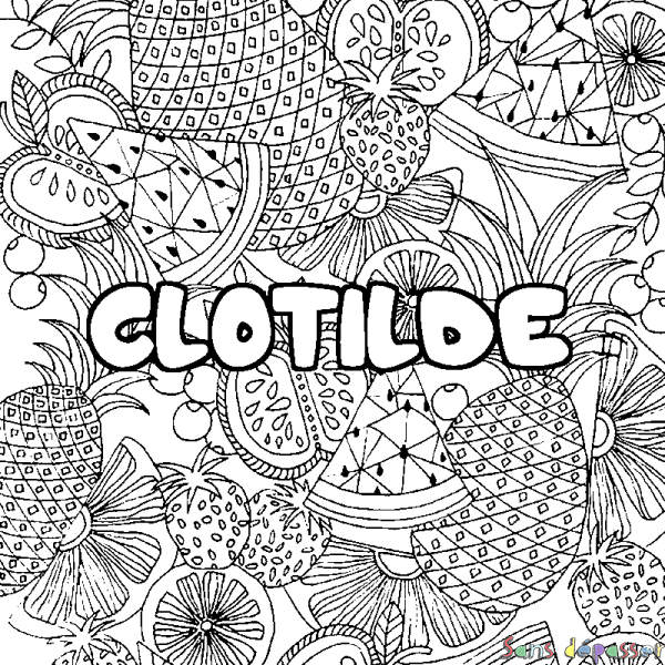 Coloriage pr&eacute;nom CLOTILDE - d&eacute;cor Mandala fruits