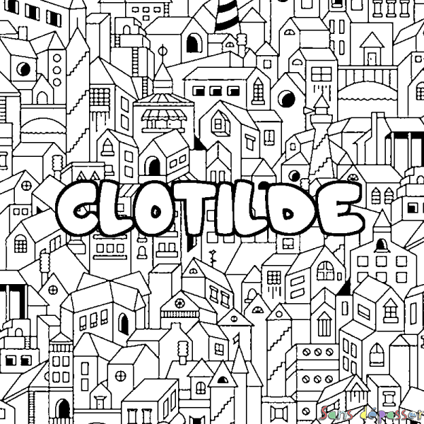 Coloriage pr&eacute;nom CLOTILDE - d&eacute;cor Ville