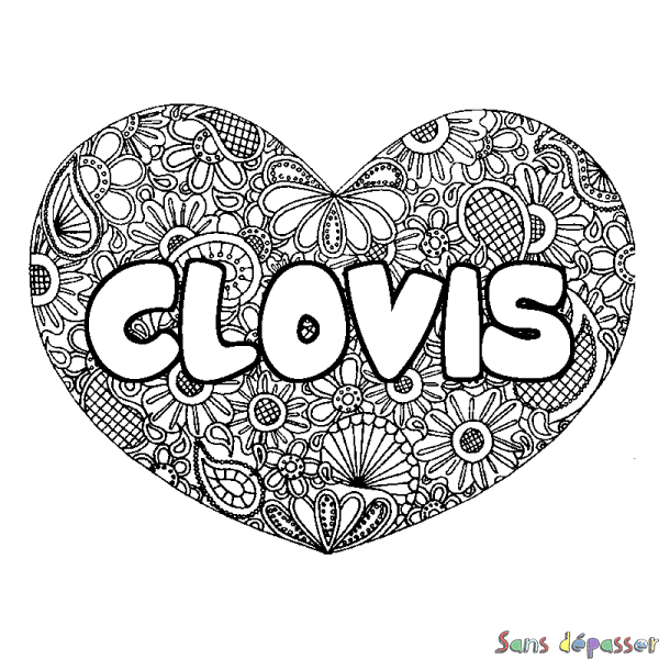 Coloriage pr&eacute;nom CLOVIS - d&eacute;cor Mandala coeur