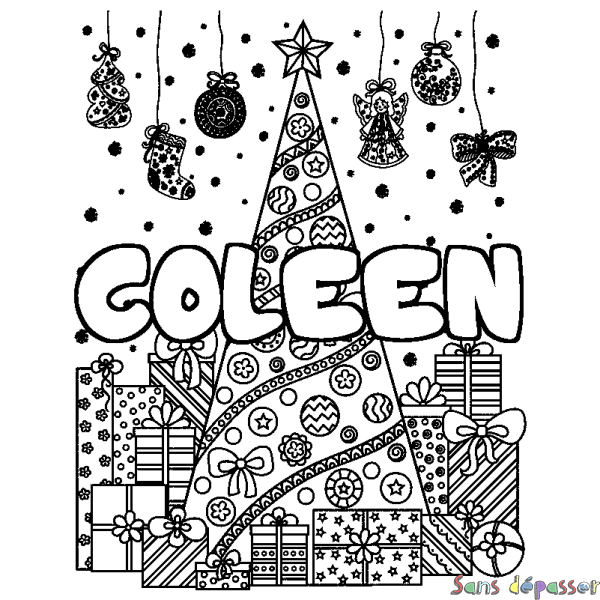 Coloriage prénom COLEEN - d&eacute;cor Sapin et Cadeaux