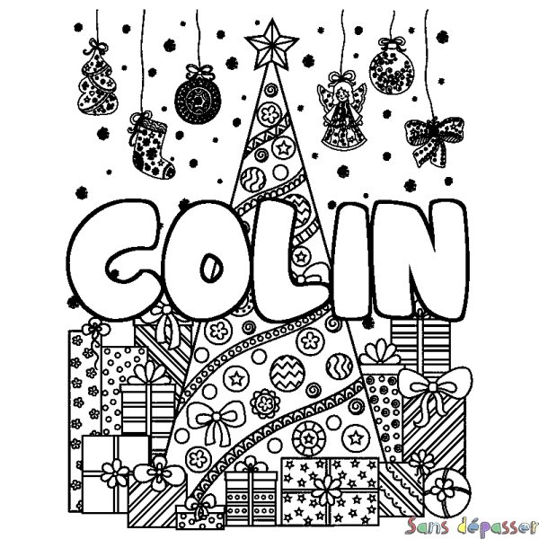 Coloriage prénom COLIN - d&eacute;cor Sapin et Cadeaux