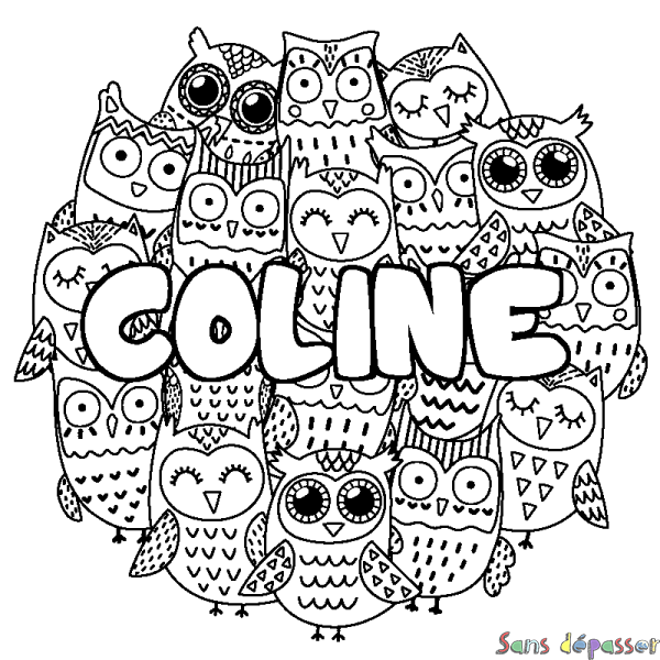 Coloriage pr&eacute;nom COLINE - d&eacute;cor Chouettes