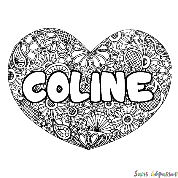 Coloriage pr&eacute;nom COLINE - d&eacute;cor Mandala coeur