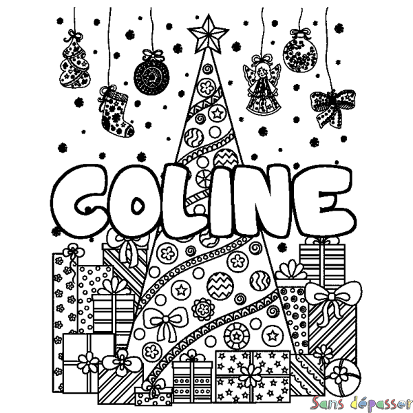 Coloriage prénom COLINE - d&eacute;cor Sapin et Cadeaux