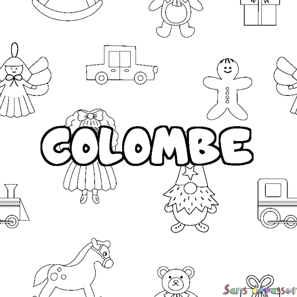 Coloriage pr&eacute;nom COLOMBE - d&eacute;cor Jouets