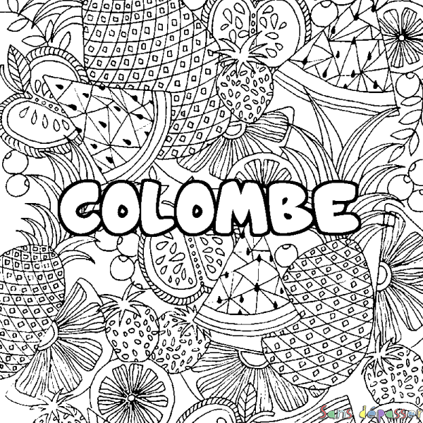 Coloriage pr&eacute;nom COLOMBE - d&eacute;cor Mandala fruits