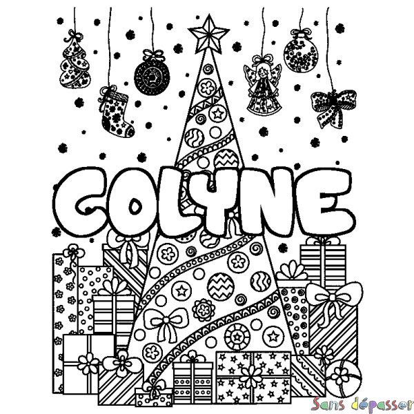 Coloriage prénom COLYNE - d&eacute;cor Sapin et Cadeaux