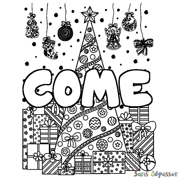 Coloriage pr&eacute;nom COME - d&eacute;cor Sapin et Cadeaux