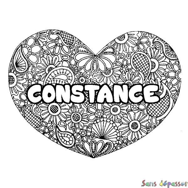 Coloriage pr&eacute;nom CONSTANCE - d&eacute;cor Mandala coeur