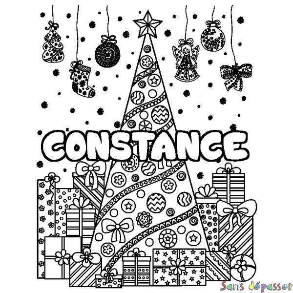 Coloriage pr&eacute;nom CONSTANCE - d&eacute;cor Sapin et Cadeaux