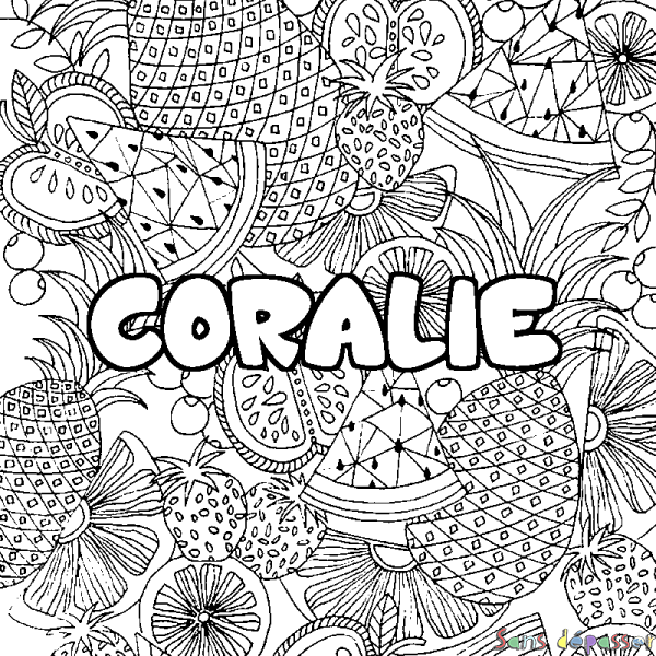 Coloriage prénom CORALIE - d&eacute;cor Mandala fruits
