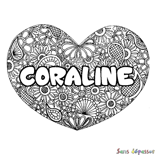 Coloriage pr&eacute;nom CORALINE - d&eacute;cor Mandala coeur