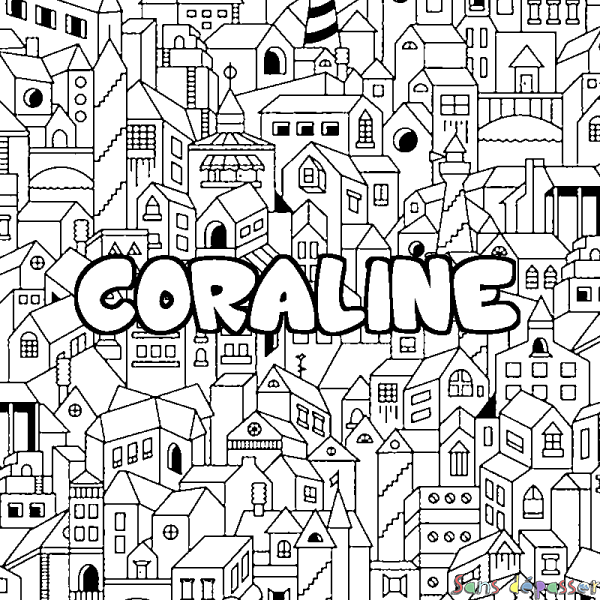 Coloriage prénom CORALINE - d&eacute;cor Ville