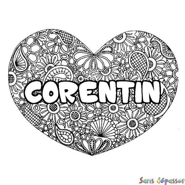 Coloriage pr&eacute;nom CORENTIN - d&eacute;cor Mandala coeur