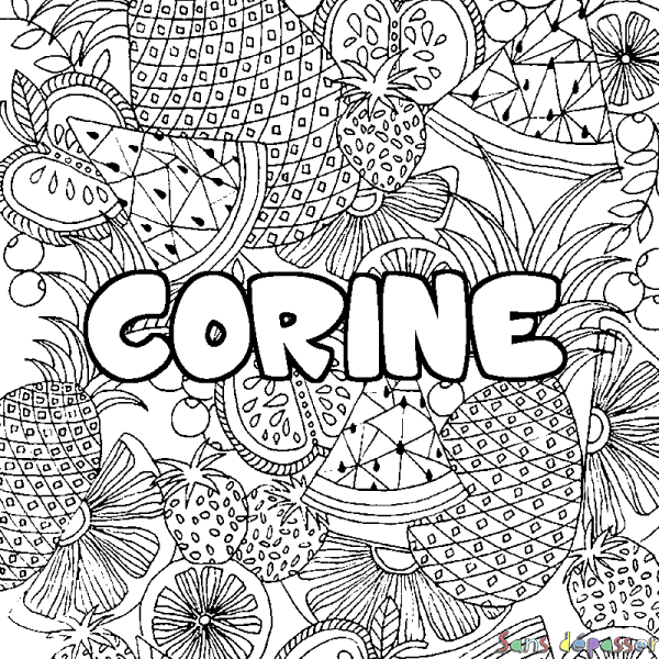Coloriage pr&eacute;nom CORINE - d&eacute;cor Mandala fruits