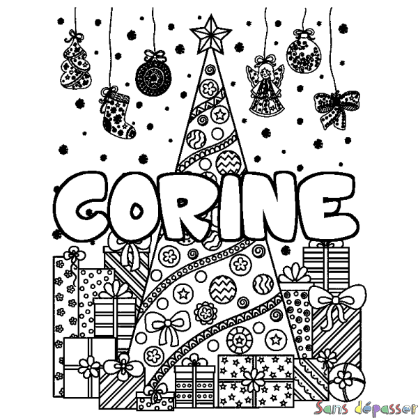 Coloriage prénom CORINE - d&eacute;cor Sapin et Cadeaux