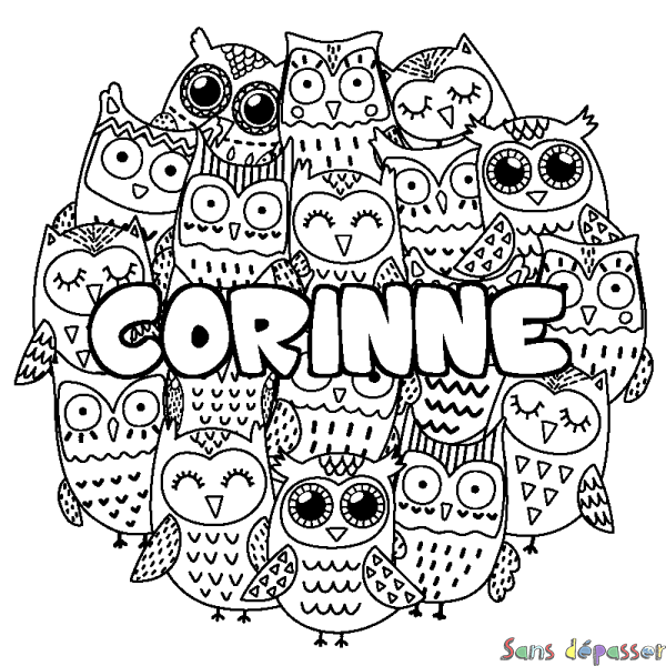 Coloriage prénom CORINNE - d&eacute;cor Chouettes
