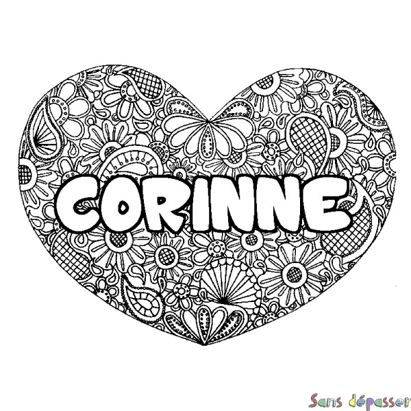 Coloriage pr&eacute;nom CORINNE - d&eacute;cor Mandala coeur