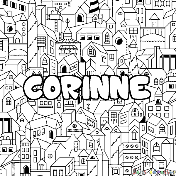 Coloriage pr&eacute;nom CORINNE - d&eacute;cor Ville