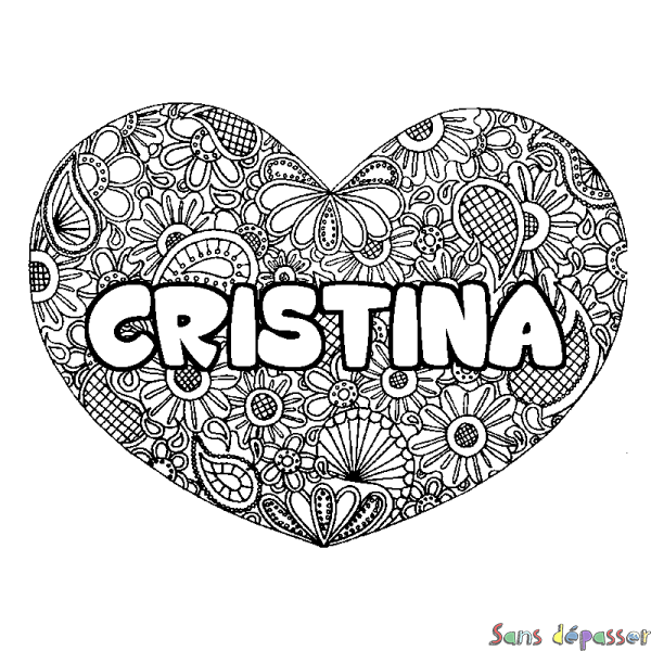 Coloriage pr&eacute;nom CRISTINA - d&eacute;cor Mandala coeur
