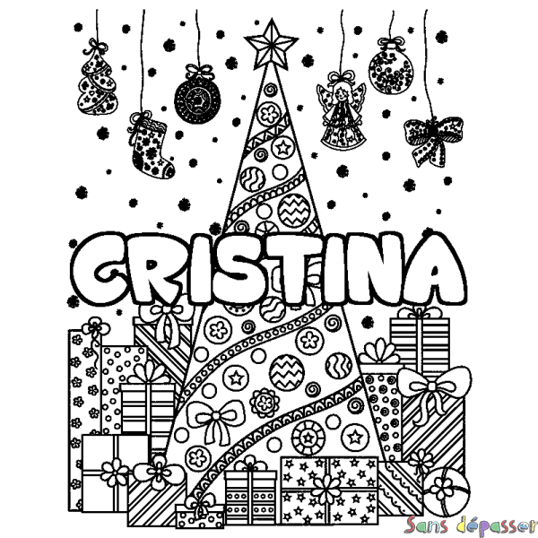 Coloriage pr&eacute;nom CRISTINA - d&eacute;cor Sapin et Cadeaux