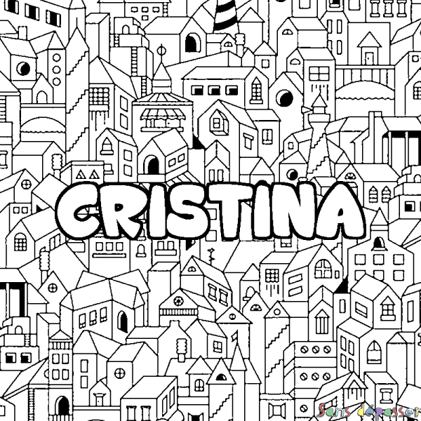 Coloriage pr&eacute;nom CRISTINA - d&eacute;cor Ville