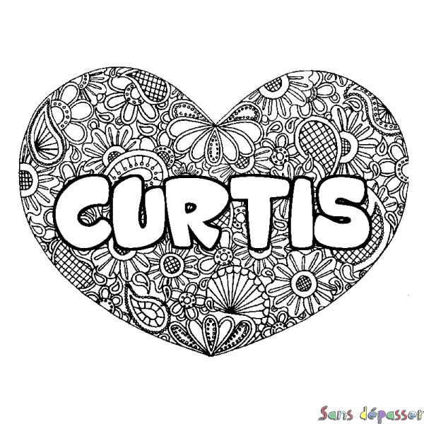 Coloriage pr&eacute;nom CURTIS - d&eacute;cor Mandala coeur