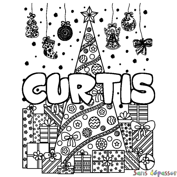 Coloriage prénom CURTIS - d&eacute;cor Sapin et Cadeaux