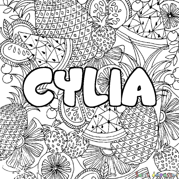 Coloriage pr&eacute;nom CYLIA - d&eacute;cor Mandala fruits