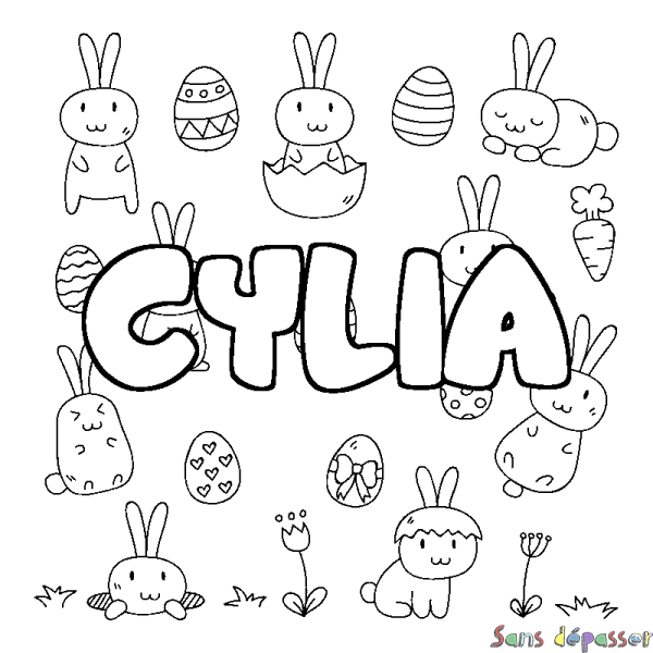 Coloriage pr&eacute;nom CYLIA - d&eacute;cor Paques