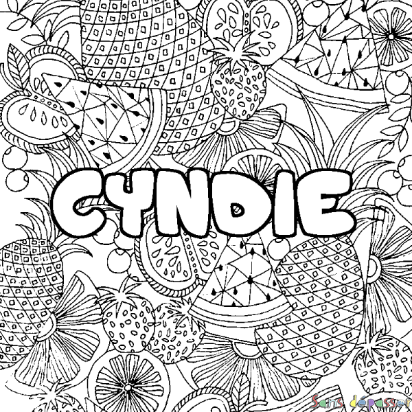 Coloriage pr&eacute;nom CYNDIE - d&eacute;cor Mandala fruits