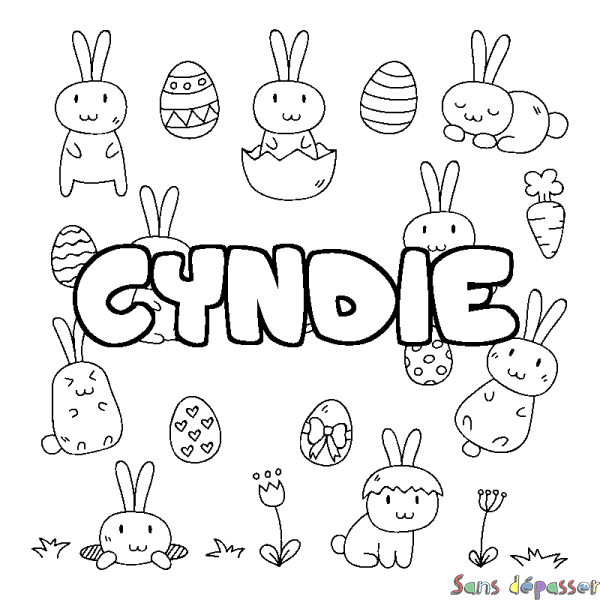 Coloriage pr&eacute;nom CYNDIE - d&eacute;cor Paques