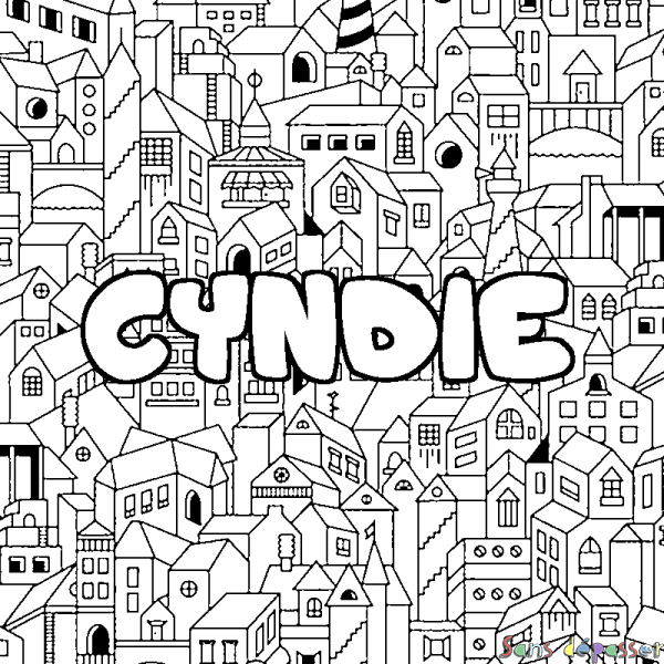 Coloriage pr&eacute;nom CYNDIE - d&eacute;cor Ville