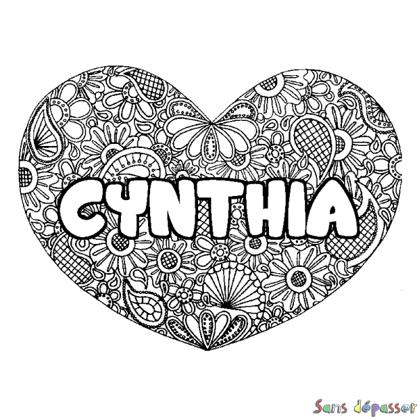 Coloriage pr&eacute;nom CYNTHIA - d&eacute;cor Mandala coeur