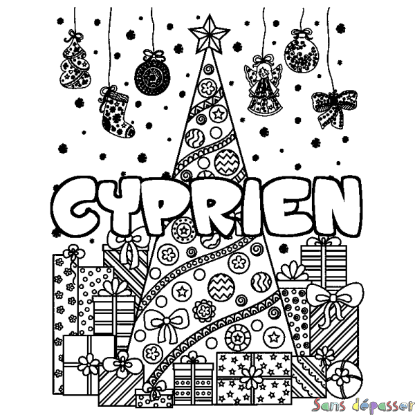 Coloriage prénom CYPRIEN - d&eacute;cor Sapin et Cadeaux