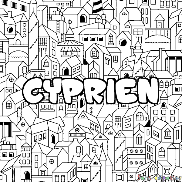 Coloriage pr&eacute;nom CYPRIEN - d&eacute;cor Ville