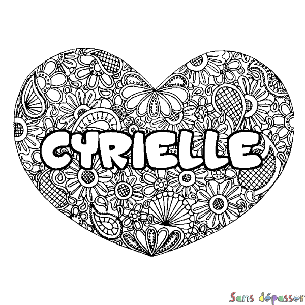 Coloriage prénom CYRIELLE - d&eacute;cor Mandala coeur