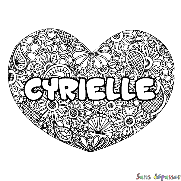 Coloriage pr&eacute;nom CYRIELLE - d&eacute;cor Mandala coeur