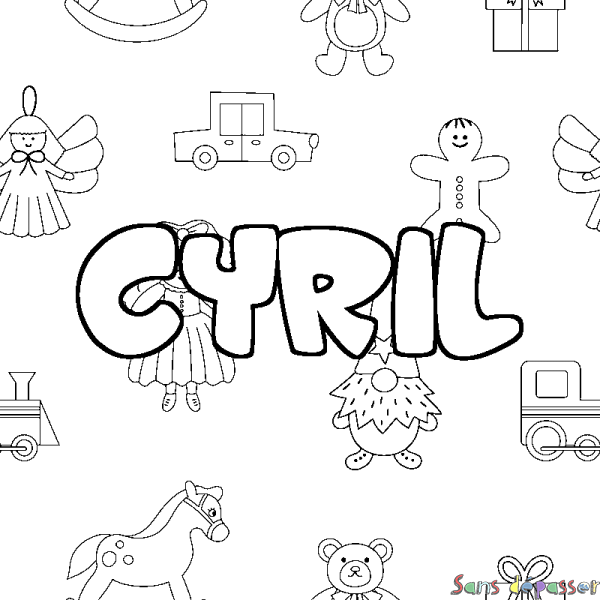 Coloriage pr&eacute;nom CYRIL - d&eacute;cor Jouets