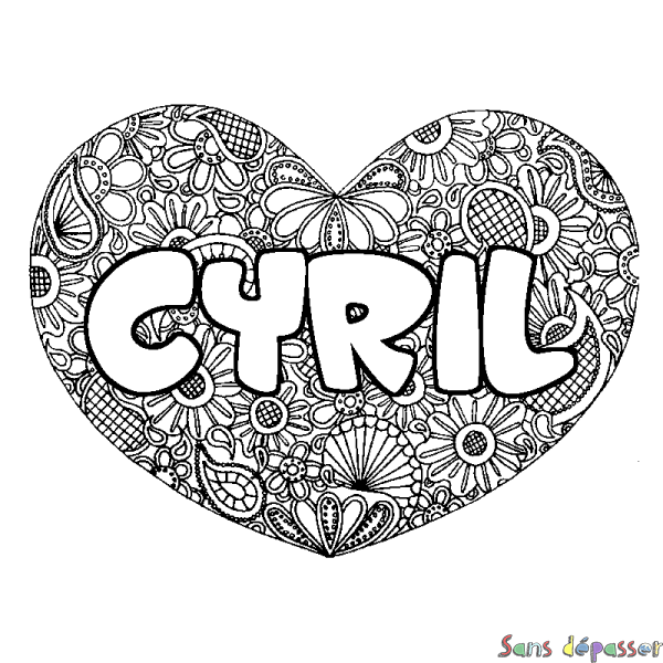 Coloriage pr&eacute;nom CYRIL - d&eacute;cor Mandala coeur
