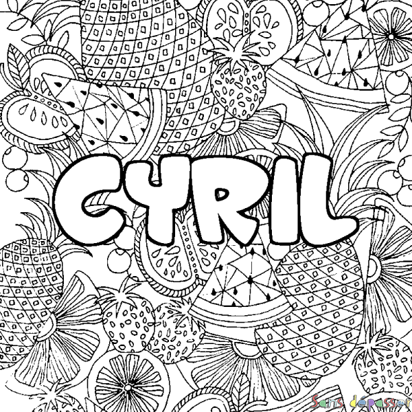 Coloriage pr&eacute;nom CYRIL - d&eacute;cor Mandala fruits