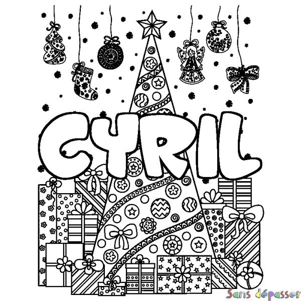 Coloriage pr&eacute;nom CYRIL - d&eacute;cor Sapin et Cadeaux
