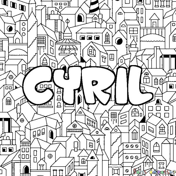 Coloriage pr&eacute;nom CYRIL - d&eacute;cor Ville