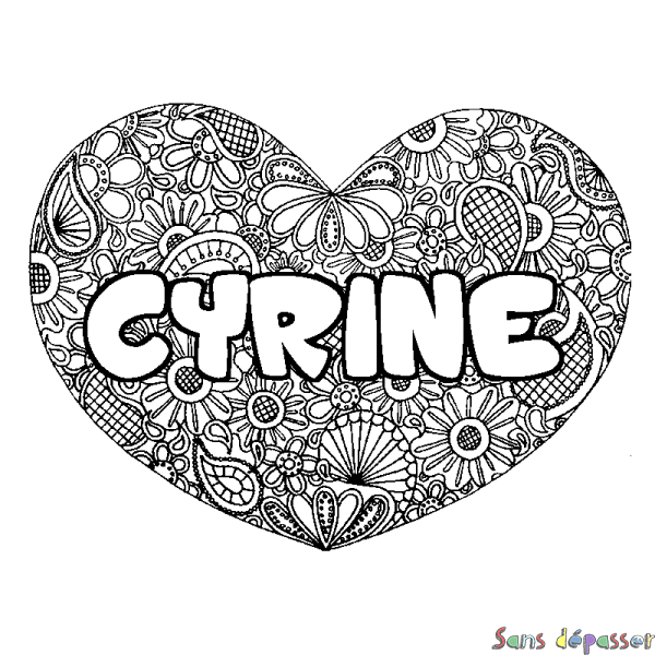 Coloriage pr&eacute;nom CYRINE - d&eacute;cor Mandala coeur