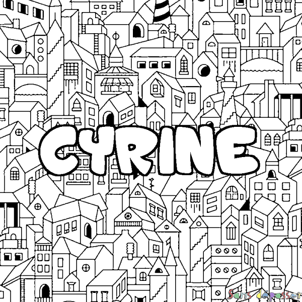 Coloriage pr&eacute;nom CYRINE - d&eacute;cor Ville