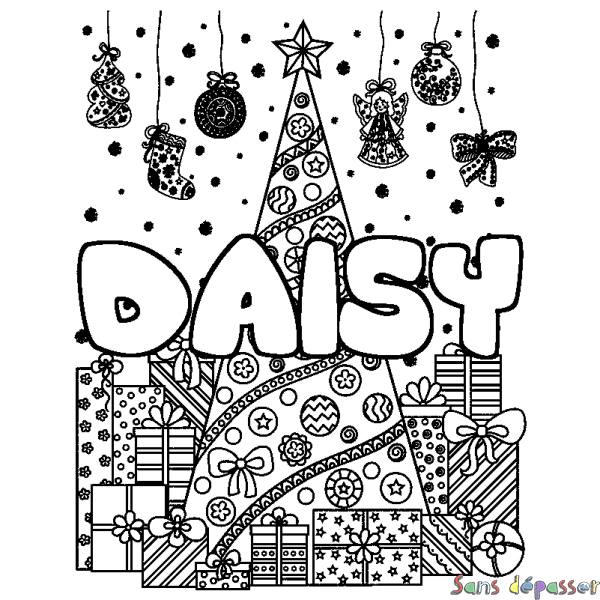 Coloriage pr&eacute;nom DAISY - d&eacute;cor Sapin et Cadeaux