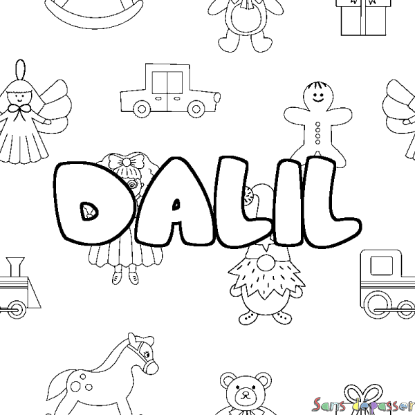 Coloriage pr&eacute;nom DALIL - d&eacute;cor Jouets